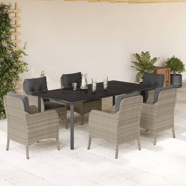 vidaXL 7-tlg. Garten-Essgruppe mit Kissen Hellgrau Poly Rattan