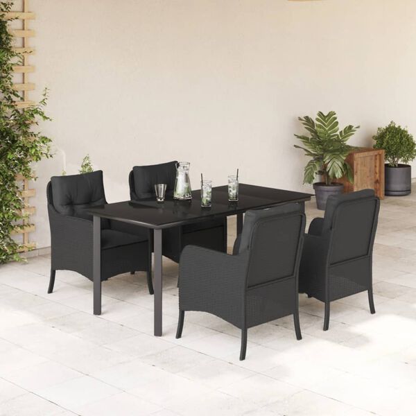 vidaXL 5-tlg. Garten-Essgruppe mit Kissen Schwarz Poly Rattan