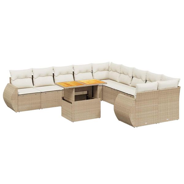vidaXL 11-tlg. Garten-Sofagarnitur mit Kissen Beige Poly Rattan