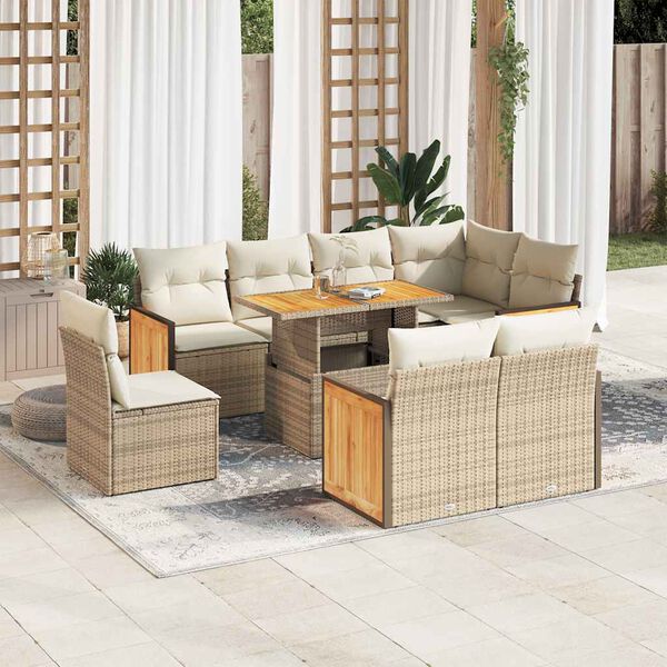 vidaXL 9-tlg. Garten-Sofagarnitur mit Kissen Beige Poly Rattan Akazie
