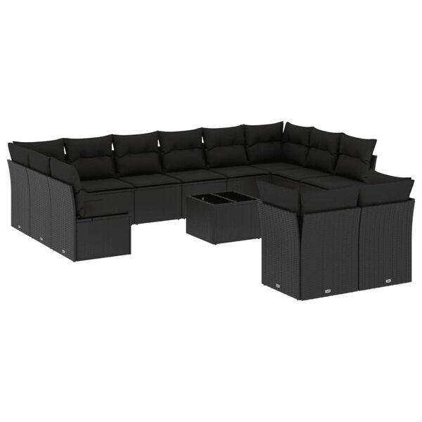 vidaXL 13-tlg. Garten-Sofagarnitur mit Kissen Schwarz Poly Rattan