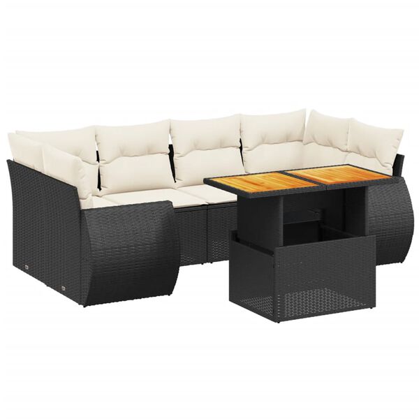 vidaXL 7-tlg. Garten-Sofagarnitur mit Kissen Schwarz Poly Rattan