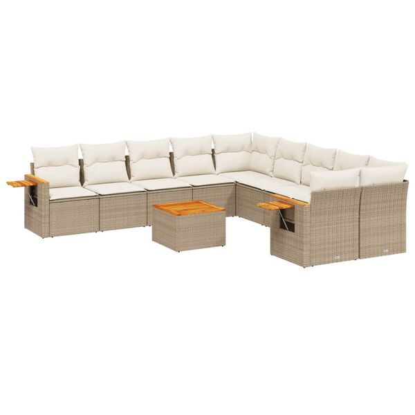 vidaXL 11-tlg. Garten-Sofagarnitur mit Kissen Beige Poly Rattan