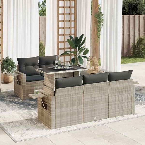 vidaXL 6-tlg. Garten-Sofagarnitur mit Kissen Hellgrau Poly Rattan