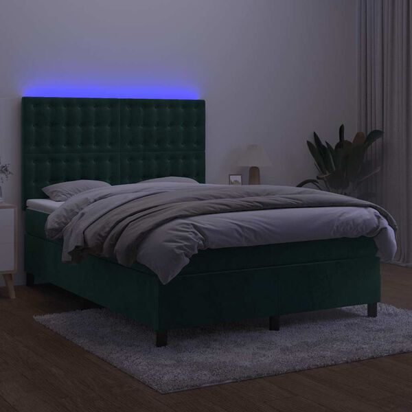 vidaXL Boxspringbett mit Matratze & LED Dunkelgr&uuml;n 140x200 cm Samt