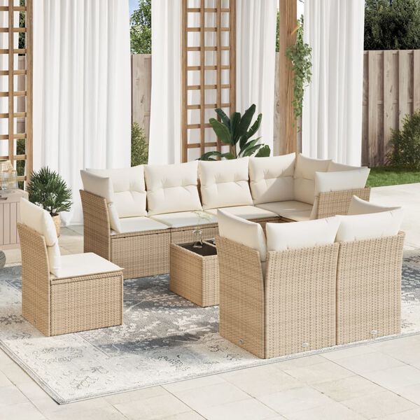 vidaXL 9-tlg. Garten-Sofagarnitur mit Kissen Beige Poly Rattan