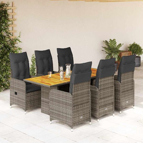 vidaXL 7-tlg. Garten-Bistro-Set mit Kissen Grau Poly Rattan
