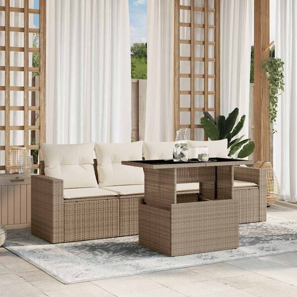 vidaXL 5-tlg. Garten-Sofagarnitur mit Kissen Beige Poly Rattan