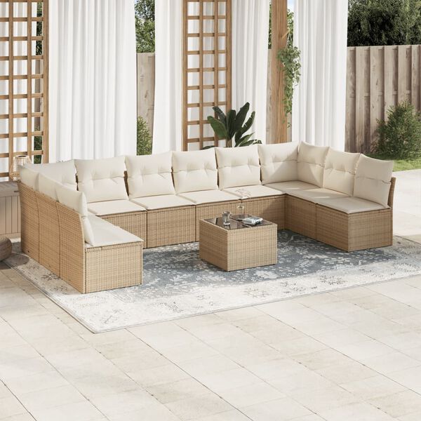 vidaXL 11-tlg. Garten-Sofagarnitur mit Kissen Beige Poly Rattan