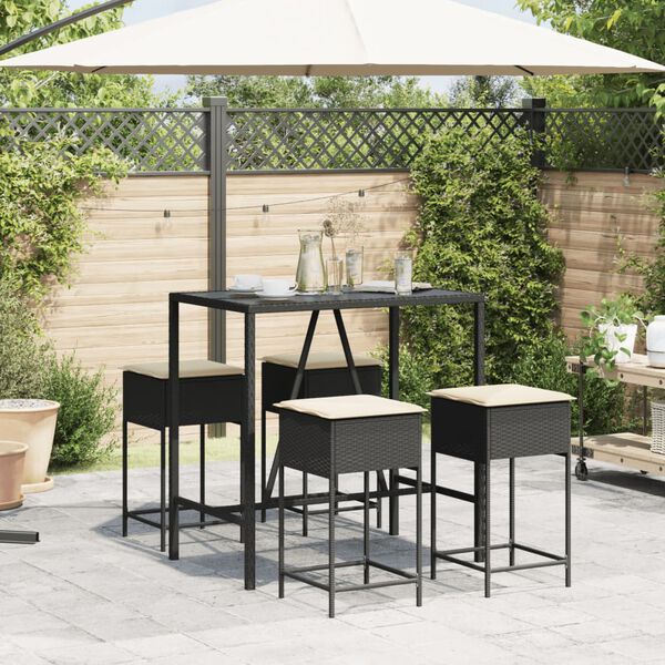 vidaXL 5-tlg. Gartenbar-Set mit Kissen Schwarz Poly Rattan