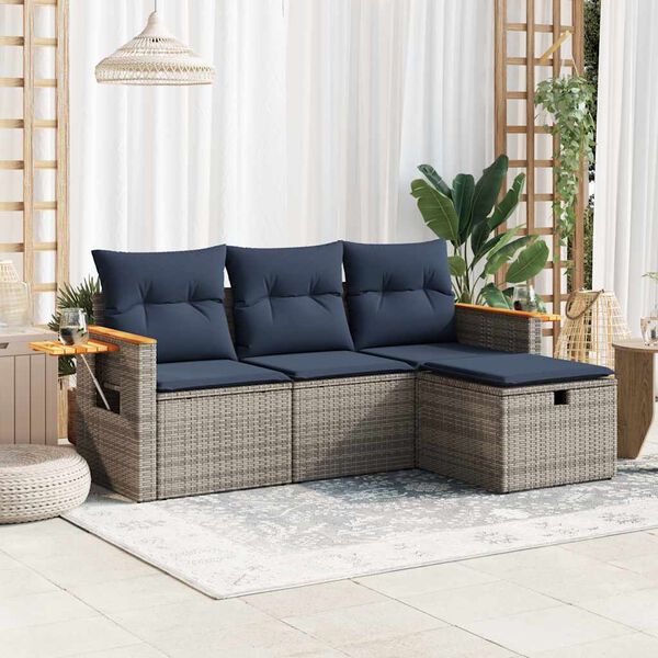 vidaXL 4-tlg. Garten-Sofagarnitur mit Kissen Grau Poly Rattan