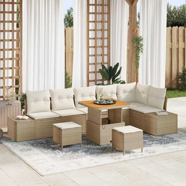 vidaXL Gartensofa-set mit Kissen mit Speicher 9 pcs Beige Poly Rattan