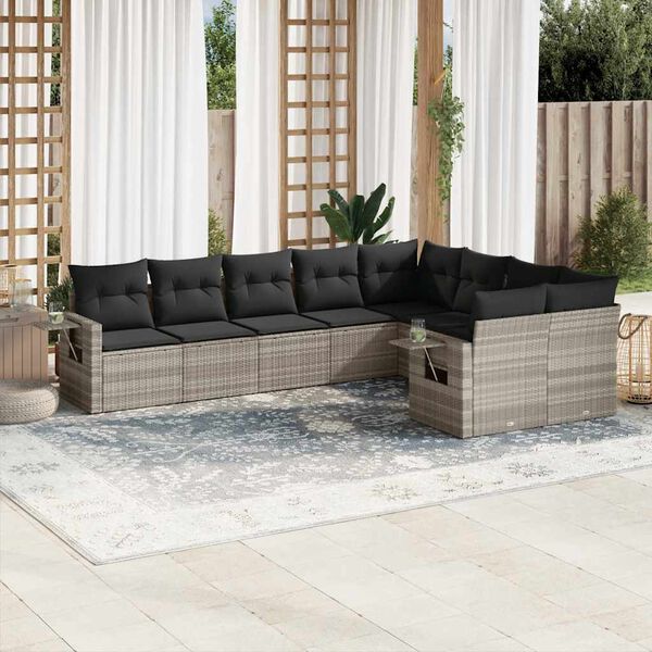 vidaXL 9-tlg. Garten-Sofagarnitur mit Kissen Hellgrau Poly Rattan