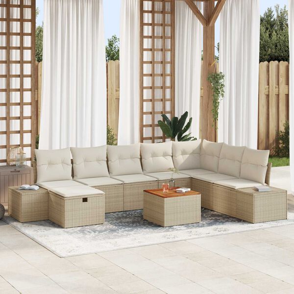 vidaXL Gartensofa-set mit Kissen mit Speicher 9 pcs Beige Poly-Rattan
