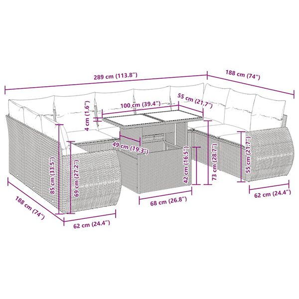 vidaXL 10-tlg. Garten-Sofagarnitur mit Kissen Grau Poly Rattan