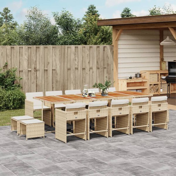 vidaXL 15-tlg. Garten-Essgruppe mit Kissen Beige Poly Rattan
