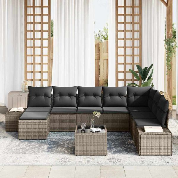 vidaXL Garten-Sofa-Set mit Kissen mit Speicher 8 pcs Grau Poly-Rattan