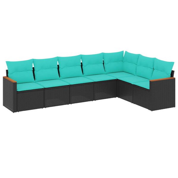 vidaXL 7-teiliges Gartensofa-Set mit Kissen, schwarzes Polyrattan