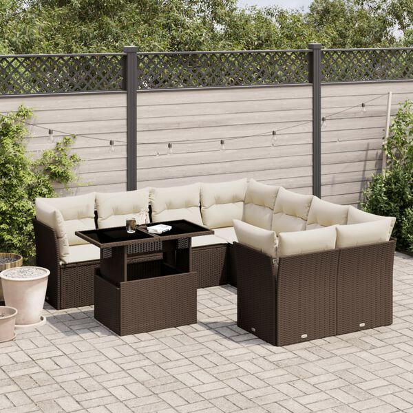 vidaXL 9-tlg. Garten-Sofagarnitur mit Kissen Braun Poly Rattan