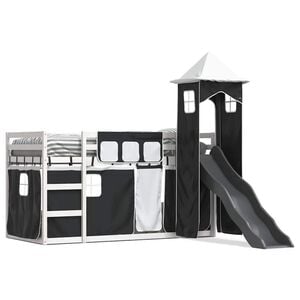 vidaXL Etagenbett mit Rutsche und Gardinen Wei&szlig; und Schwarz 90x200 cm