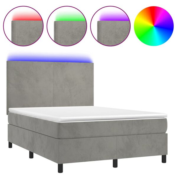 vidaXL Boxspringbett mit Matratze & LED Hellgrau 140x200 cm Samt