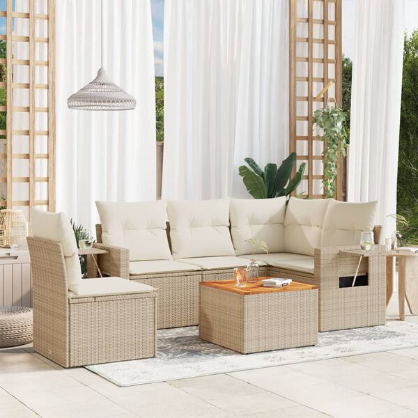 vidaXL 6-tlg. Garten-Sofagarnitur mit Kissen Beige Poly Rattan