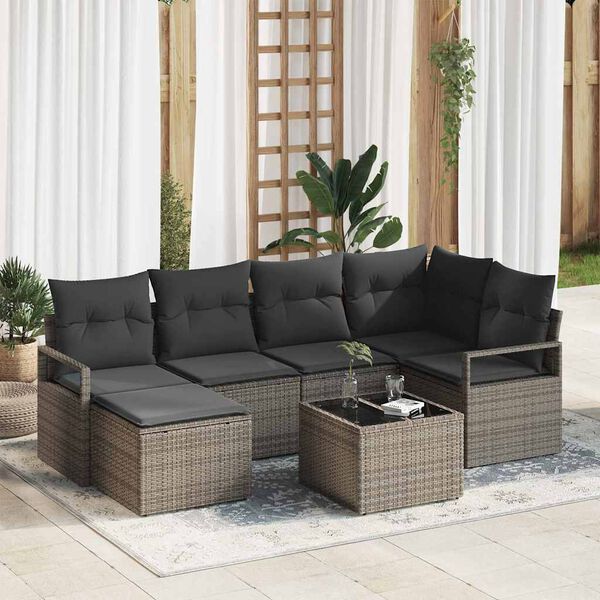 vidaXL Sofa Set mit Kissen mit Speicher 7 pcs Hellgrau Poly-Rattan