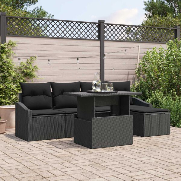 vidaXL Garten-Sofa-Set mit Kissen 6 pcs Schwarz Poly-Rattan