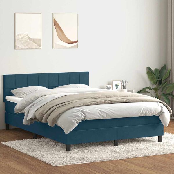vidaXL Boxspringbett mit Matratze & LED Dunkelblau 140x220 cm Samt