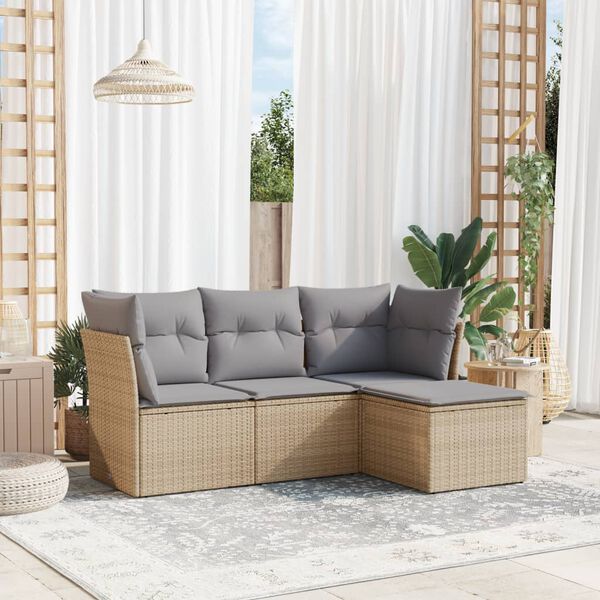 vidaXL 4-tlg. Garten-Sofagarnitur mit Kissen Beige Poly Rattan