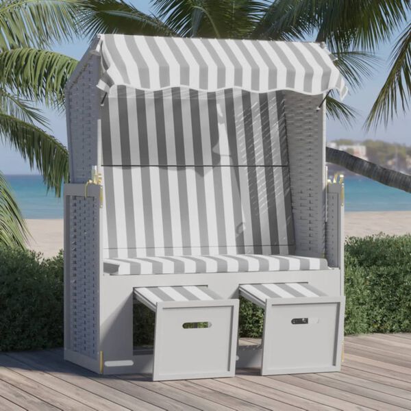 vidaXL Strandkorb mit Dach Poly Rattan und Massivholz Grau & Wei&szlig;