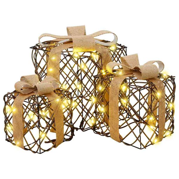 vidaXL Geschenkbox mit 60 LEDs 3 pcs Warmwei&szlig; 20 x 20 x 20 cm Rattan
