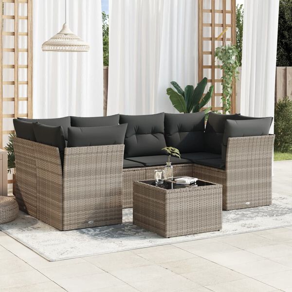 vidaXL 7-tlg. Garten-Sofagarnitur mit Kissen Hellgrau Poly Rattan