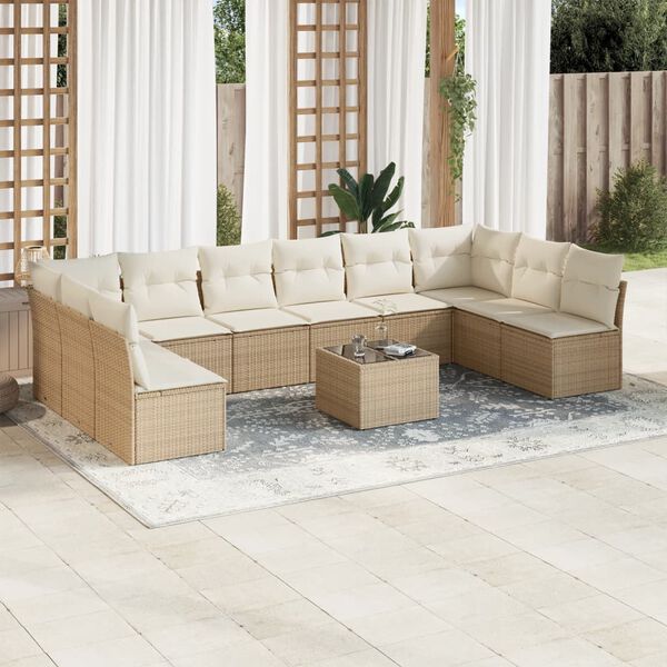 vidaXL 11-tlg. Garten-Sofagarnitur mit Kissen Beige Poly Rattan
