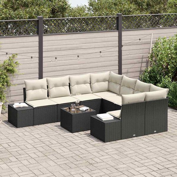vidaXL Garten-Sofa-Set mit Kissen 9 pcs Schwarz und Creme Poly-Rattan