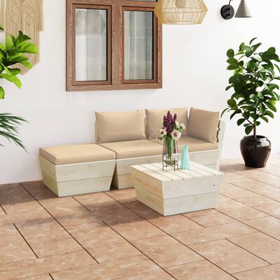 vidaXL 4-tlg. Garten-Sofagarnitur aus Paletten mit Kissen Fichtenholz