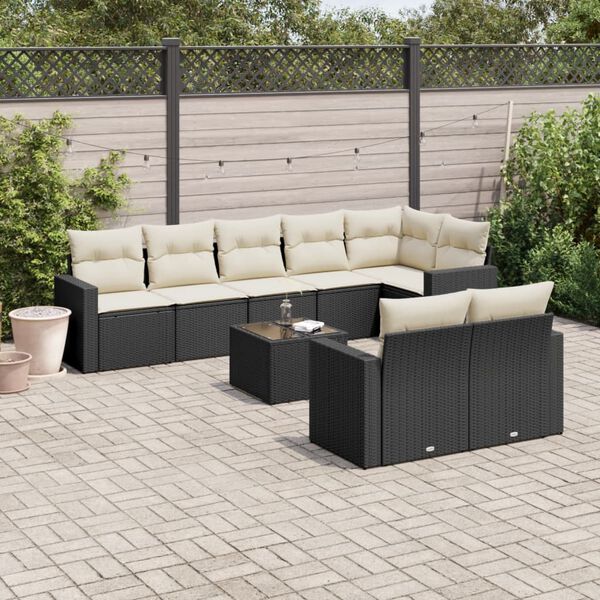 vidaXL 9-tlg. Garten-Sofagarnitur mit Kissen Schwarz Poly Rattan