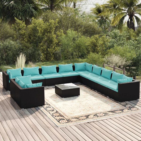 vidaXL 12-tlg. Garten-Lounge-Set mit Kissen Schwarz Poly Rattan