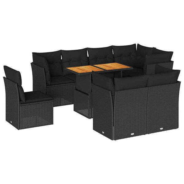 vidaXL 9-tlg. Garten-Sofagarnitur mit Kissen Schwarz Poly Rattan