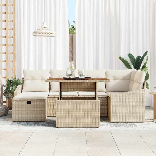 vidaXL Garten-Sofa-Set mit Kissen mit Speicher 7 pcs Beige Poly Rattan