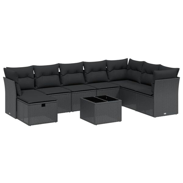 vidaXL 9-tlg. Garten-Sofagarnitur mit Kissen Schwarz Poly Rattan