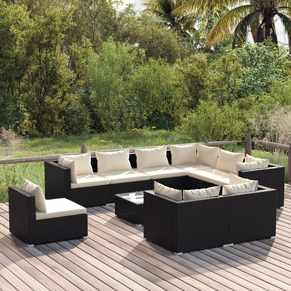 vidaXL 10-tlg. Garten-Lounge-Set mit Kissen Poly Rattan Schwarz