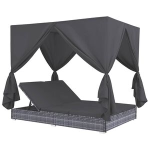 vidaXL Outdoor-Lounge-Bett mit Vorh&auml;ngen Poly Rattan Grau
