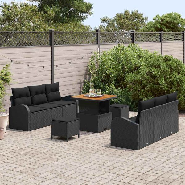 vidaXL Garten-Sofa-Set mit Kissen 9 pcs Schwarz Poly Rattan