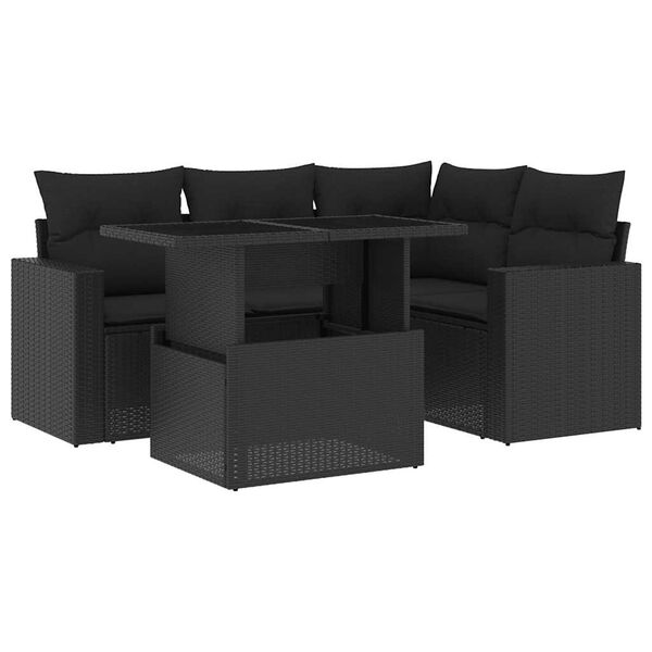 vidaXL 5-tlg. Garten-Sofagarnitur mit Kissen Schwarz Poly Rattan