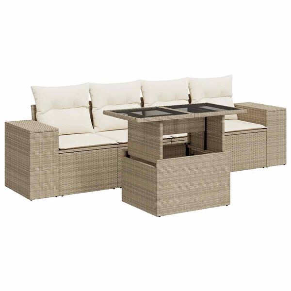 vidaXL 5-tlg. Garten-Sofagarnitur mit Kissen Beige Poly Rattan