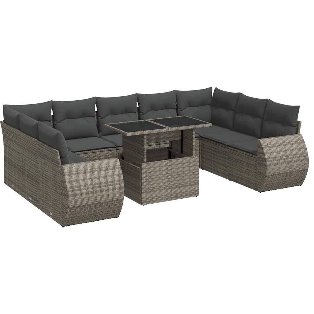 vidaXL 10-tlg. Garten-Sofagarnitur mit Kissen Grau Poly Rattan
