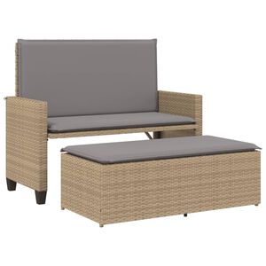 vidaXL Gartenbank mit Kissen und Hocker Beige Poly Rattan