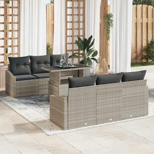 vidaXL Garten-Sofa-Set mit Kissen 7 pcs Hellgrau Poly-Rattan