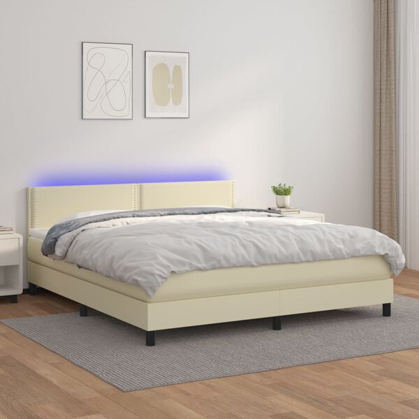 vidaXL Boxspringbett mit Matratze & LED Creme 180x200 cm Kunstleder